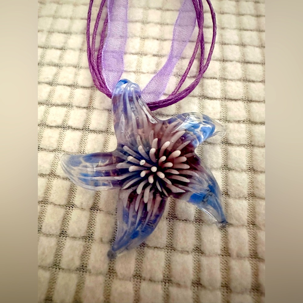 Handmade 3D Glass Starfish Boho Purple Flower Pendant Tropical Necklace 16”- 18”